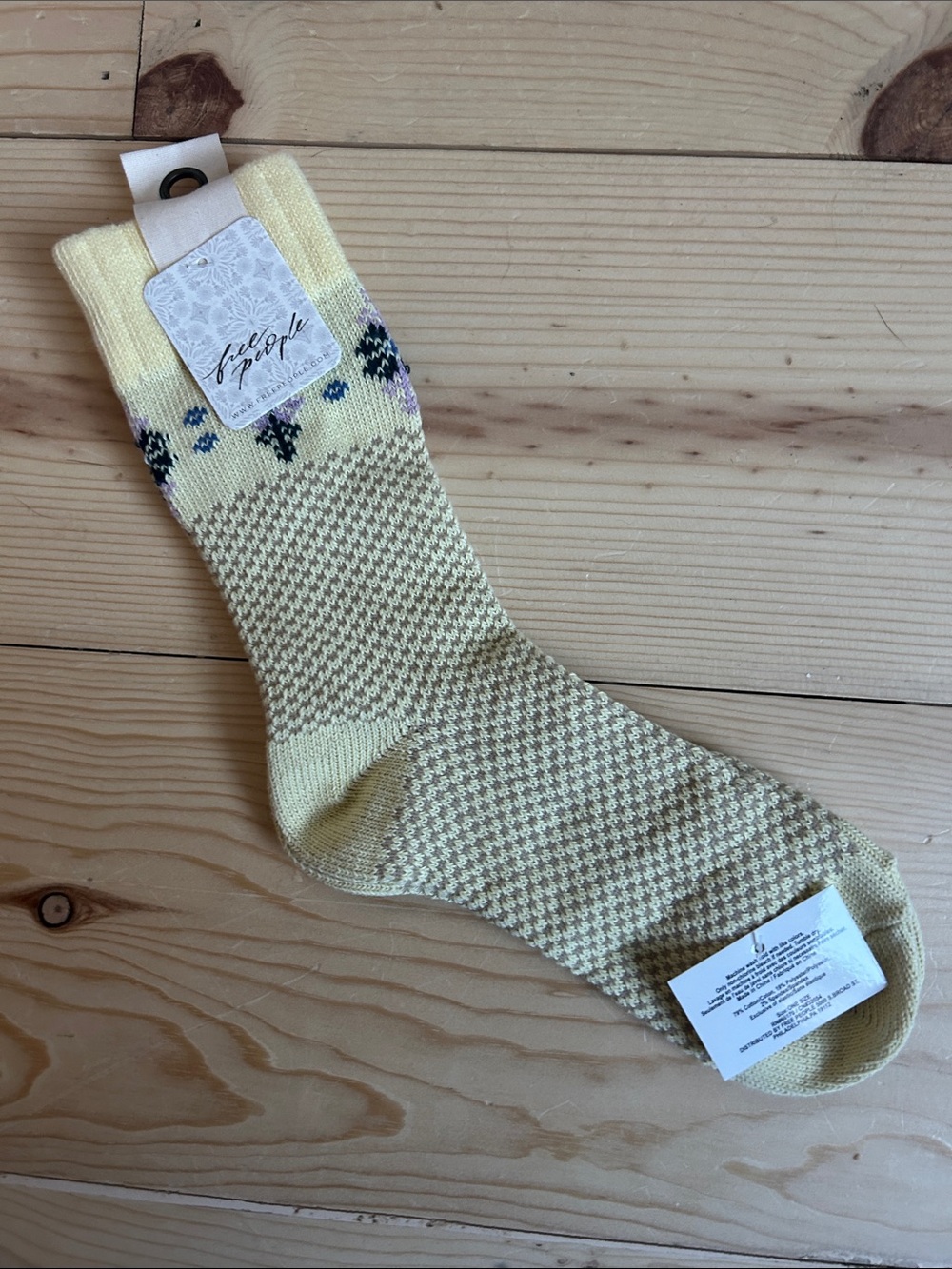 Free People Light Yellow Patterned Crew Socks with Navy Floral Accents
